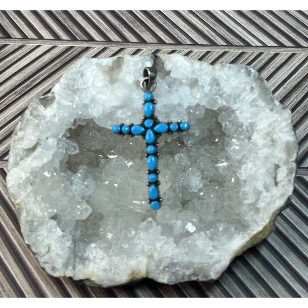 Vintage Southwest Sterling Silver Sleeping Beauty Turquoise Cross Pendant